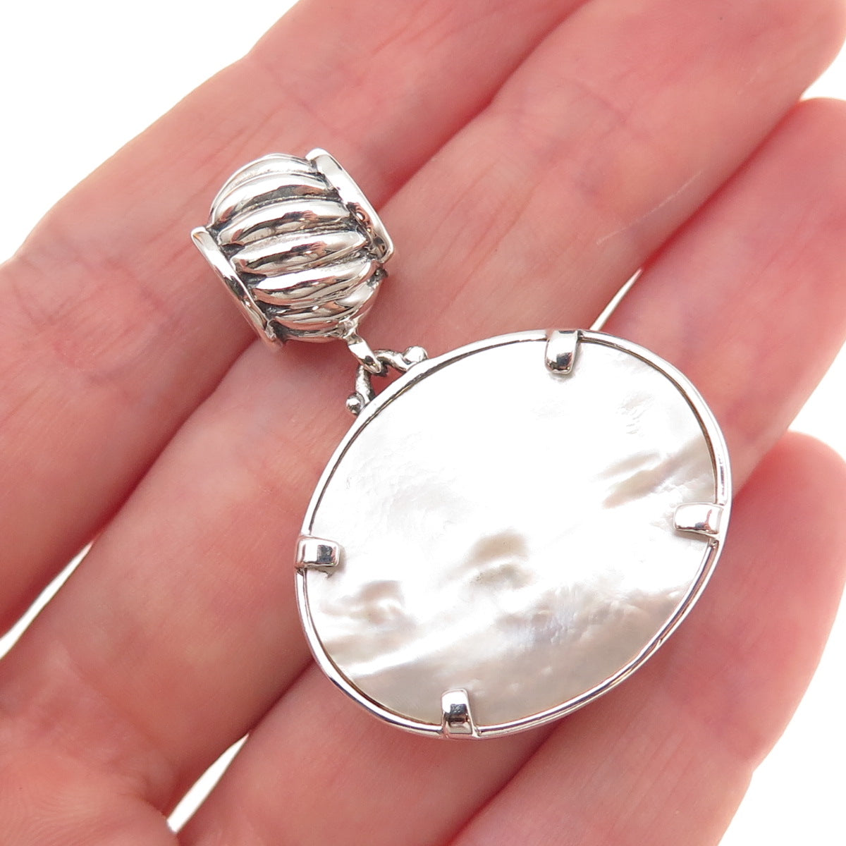 925 Sterling Silver Vintage Real MOP Modernist Oxidized Slide Pendant