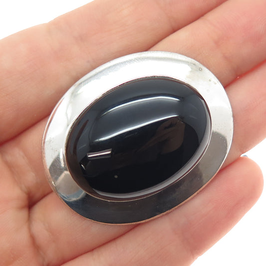 925 Sterling Silver Vintage Real Cabochon Black Onyx Pin Brooch