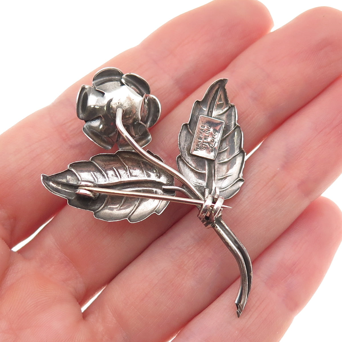 Lang 925 Sterling Silver Vintage Rose Flower Oxidized Pin Brooch