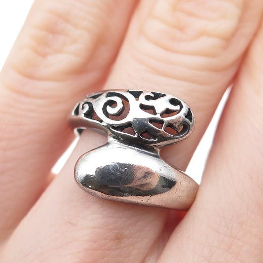 925 Sterling Silver Vintage Modernist Ornate Oxidized Bypass Ring Size 6