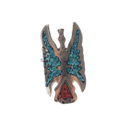 JERRY COWBOY Old Pawn 925 Sterling Turquoise Coral Inlay Peyote Ring Size 6.25