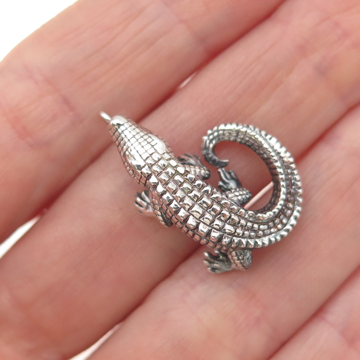 925 Sterling Silver Vintage Crocodile Oxidized 3D Charm Pendant