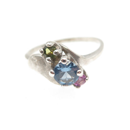 925 Sterling Silver Vintage Real Blue Topaz Amethyst Peridot Bypass Ring Size 7