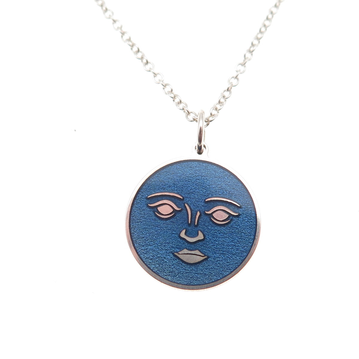 925 Sterling Silver Blue Enamel Moon Face Round Tag Cable Chain Necklace 18"