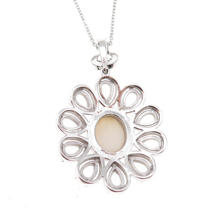 925 Sterling Silver Mexico Real MOP White Topaz Flower Cable Chain Necklace 18"