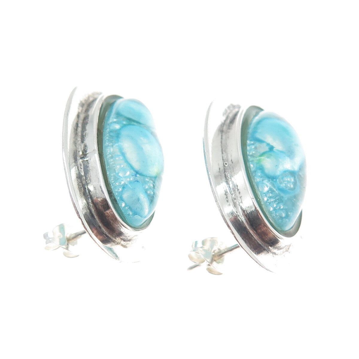 925 Sterling Silver Vintage Aqua Bubble Glass Modernist Earrings