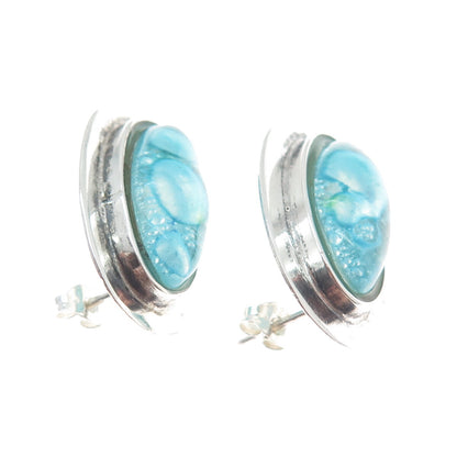 925 Sterling Silver Vintage Aqua Bubble Glass Modernist Earrings