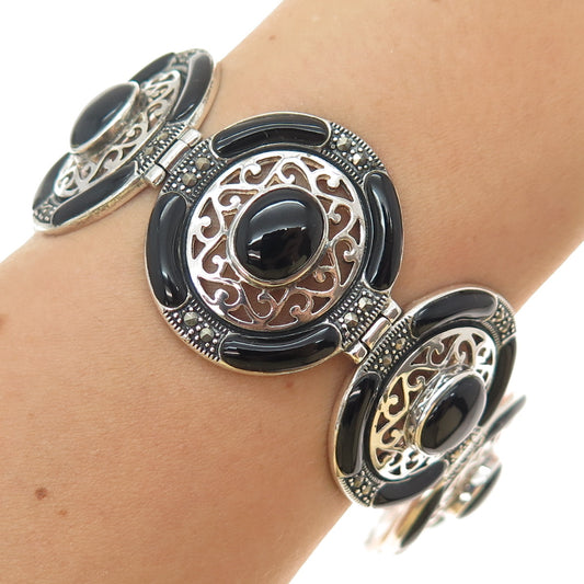925 Sterling Vintage Real Black Onyx & Marcasite Art Deco Style Bracelet 6.75"