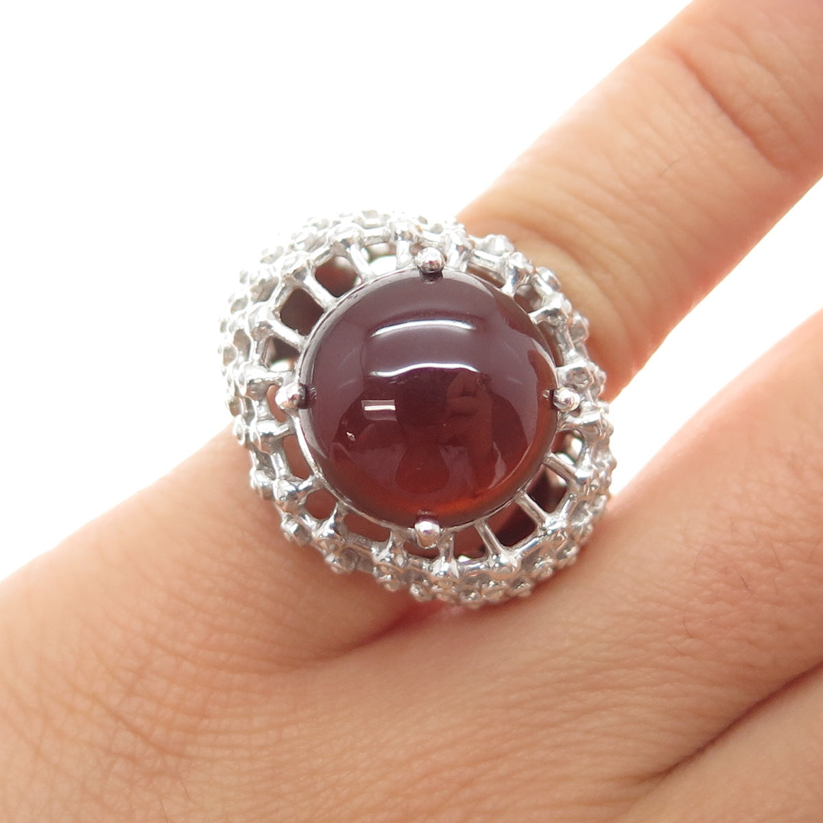 925 Sterling Silver Vintage Real Carnelian Modernist Beaded Mesh Ring Size 5.25
