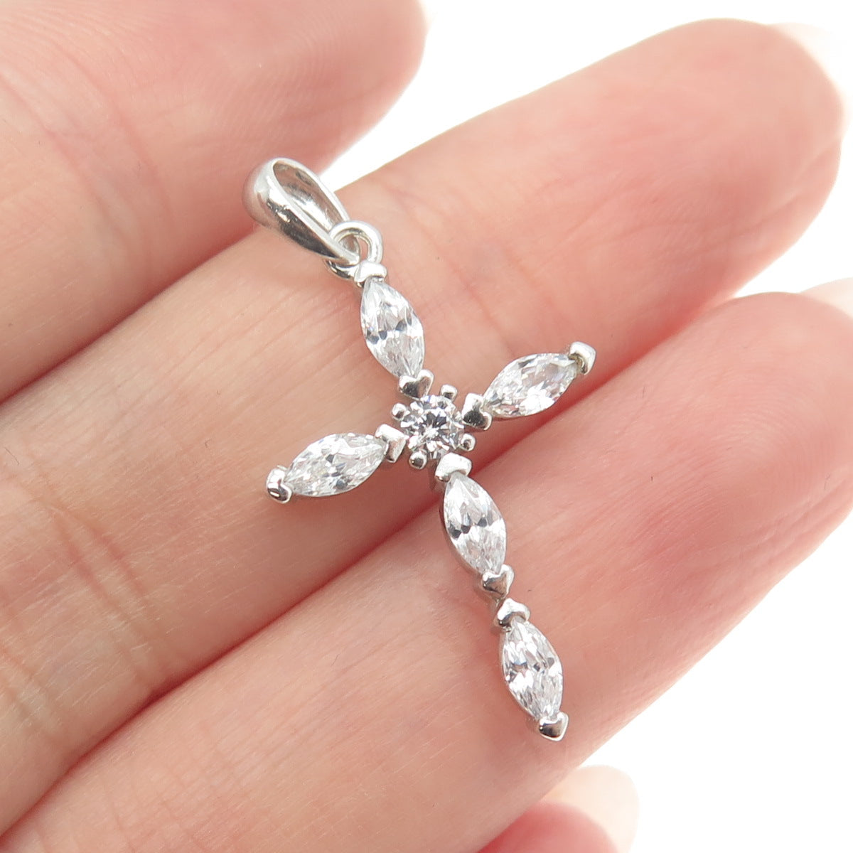 925 Sterling Silver Marquise & Round-Cut C Z Cross Pendant