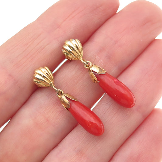 925 Sterling Silver Gold Plated Vintage Real Coral Seashell Dangle Earrings