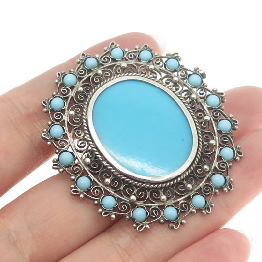 800 Silver Vintage Faux Turquoise Filigree Pin Brooch / Pendant