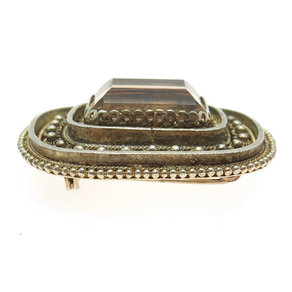 935 Silver Gold Plated Vintage Israel Smoky Quartz Cannetille Brooch / Pendant