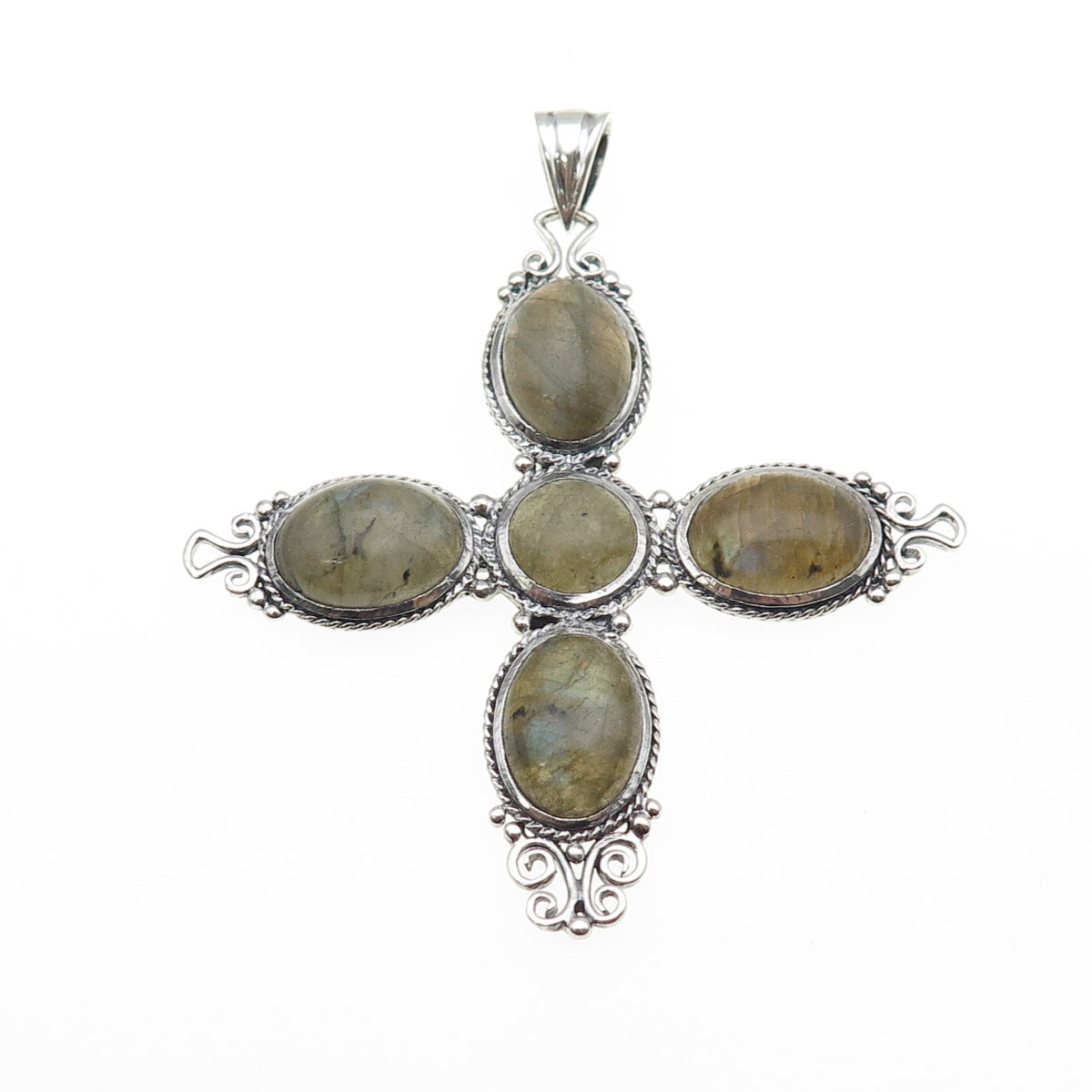 M.R.F. RESOURCES 925 Sterling Silver Vintage Real Labradorite Cross Pendant