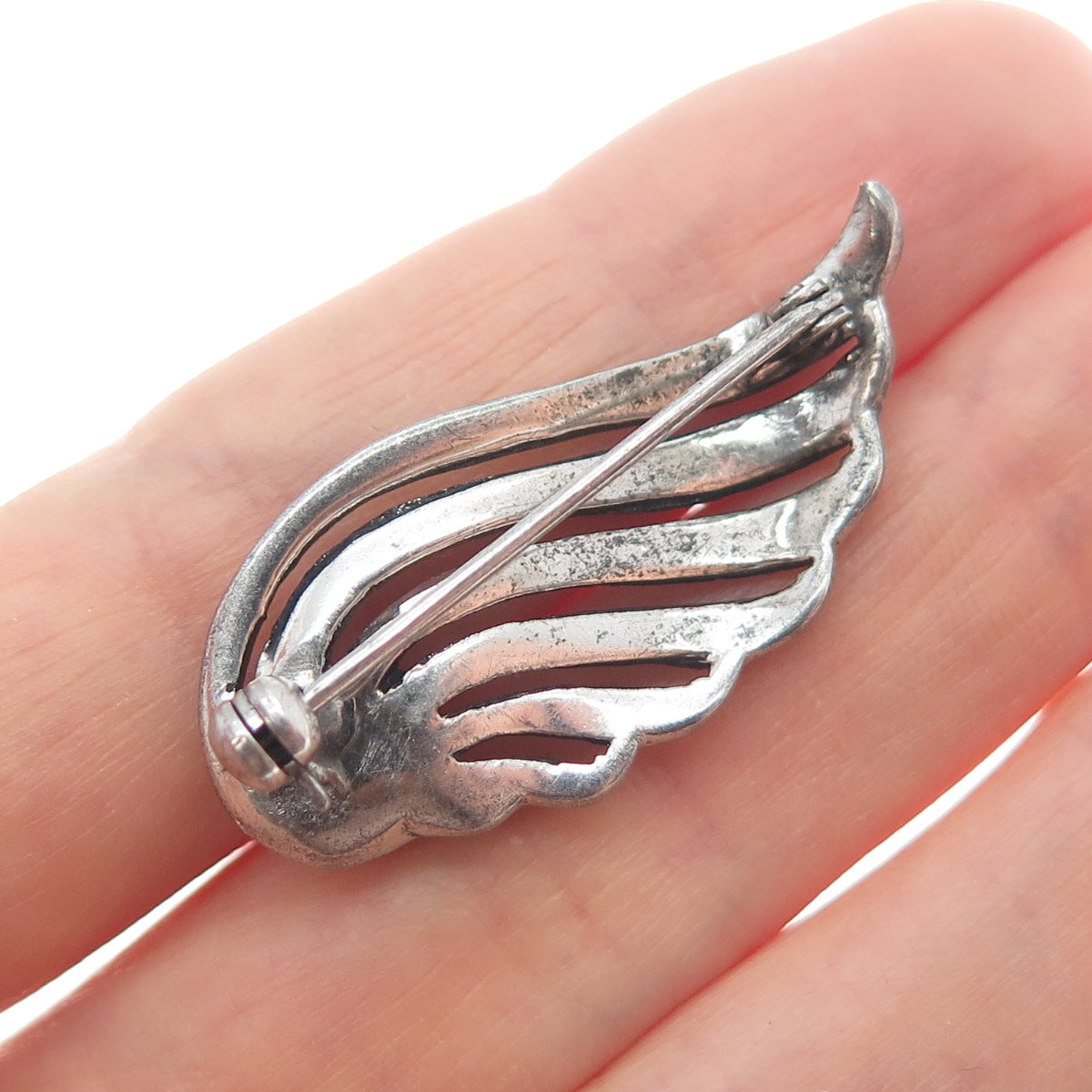 925 Sterling Antique Green Onyx & Marcasite Angel Wing Brooch (missing 1 stone)