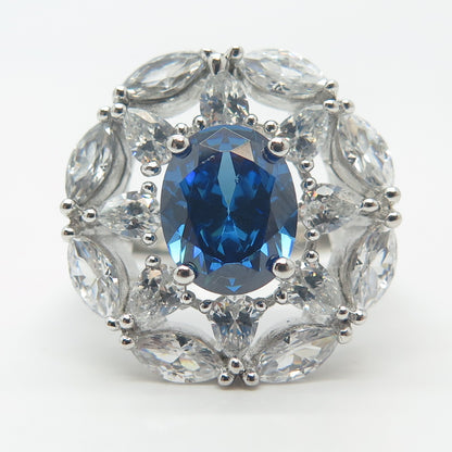 925 Sterling Silver White & Blue C Z Wide Ring Size 8