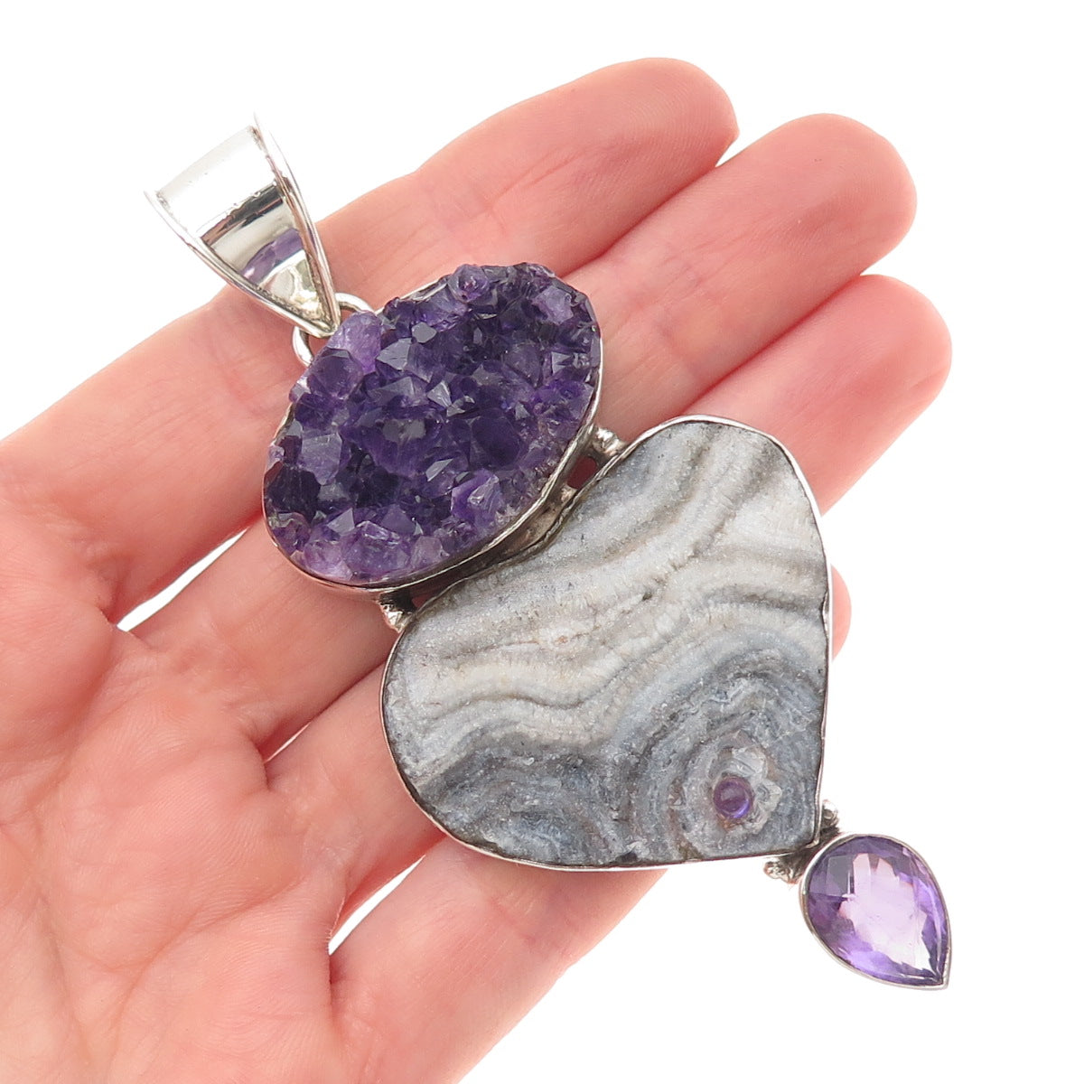 925 Sterling Silver Vintage Real Druzy Agate & Amethyst Large 34.6g Pendant