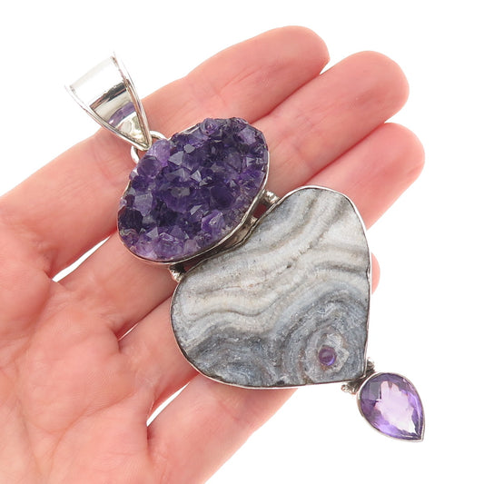 925 Sterling Silver Vintage Real Druzy Agate & Amethyst Large 34.6g Pendant