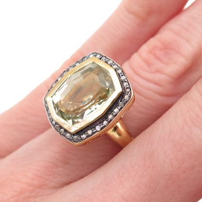 925 Sterling Silver Gold Plated Real Diamond & Green Amethyst Ring Size 4.75