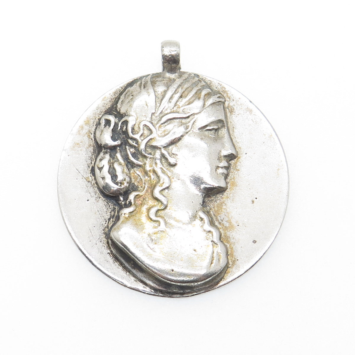 925 Sterling Silver Vintage Victorian Lady Portrait Oxidized Charm Pendant