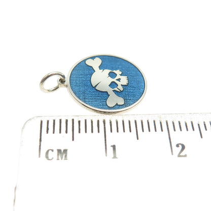 925 Sterling Silver Blue Enamel Skull & Bone Round Minimalist Charm Pendant