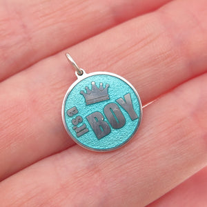 925 Sterling Silver Turquoise Enamel It's a Boy Round Tag Mini Charm Pendant