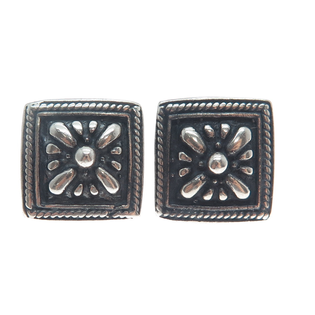 925 Sterling Silver Vintage Floral Roped Bezel Oxidized Stud Earrings
