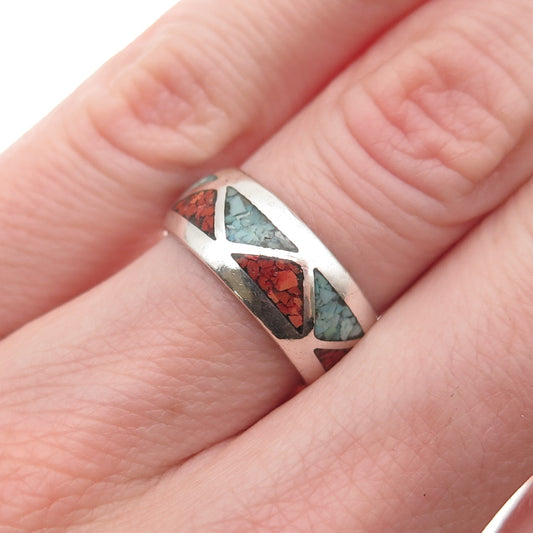 Old Pawn 925 Sterling Silver Vintage Turquoise & Coral Inlay Band Ring Size 5.25