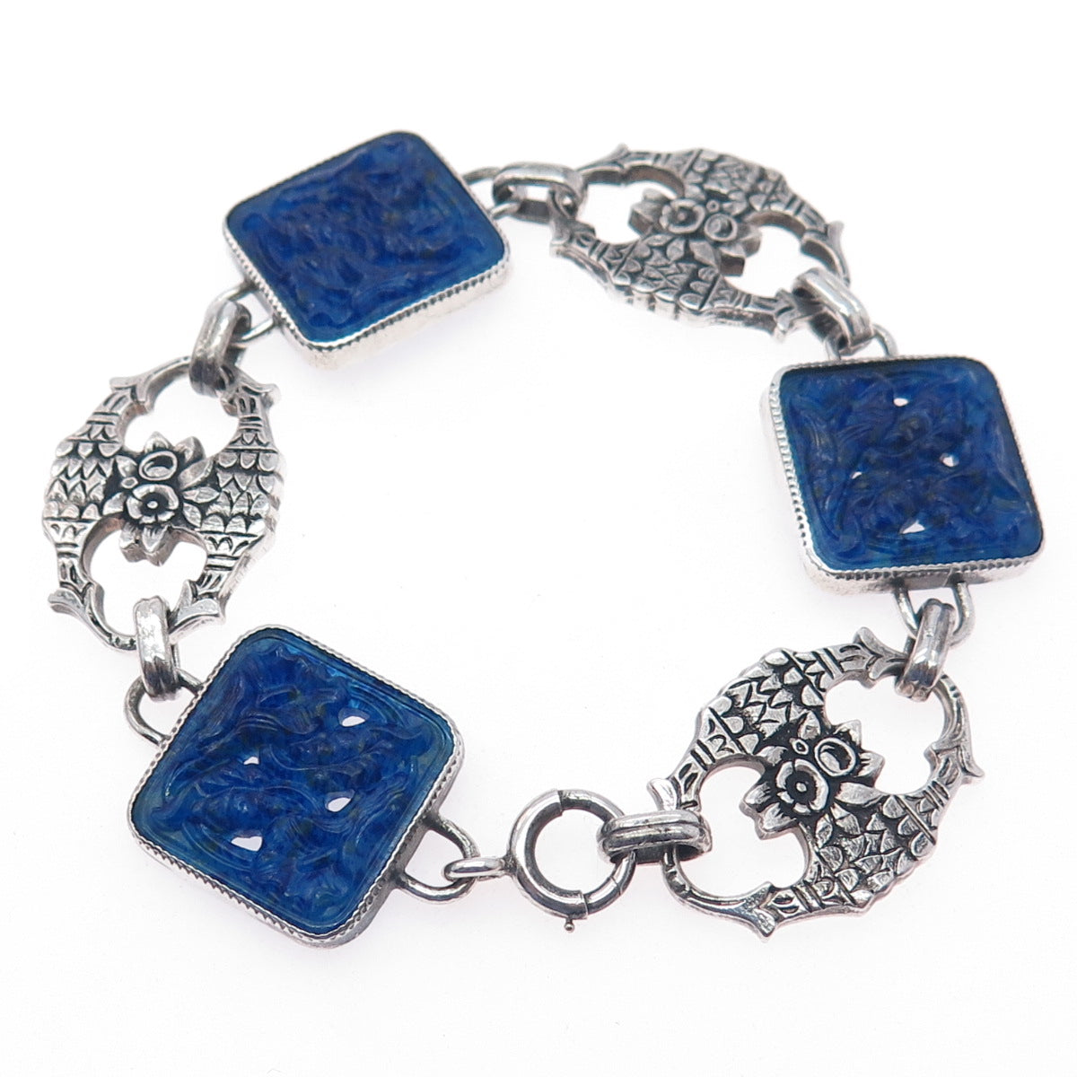 Binder Brothers 925 Sterling Silver Antique Art Deco Glass Floral Bracelet 7.25"