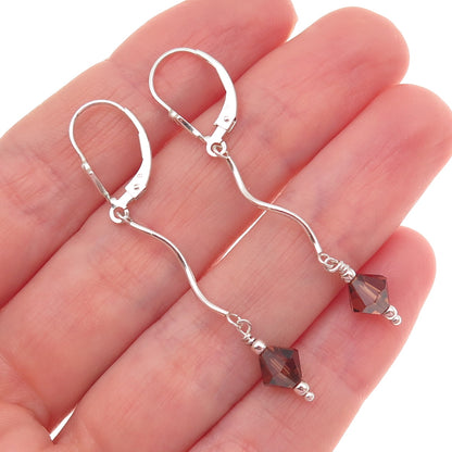 925 Sterling Silver Smoky Crystal Wavy Drop Dangle Earrings