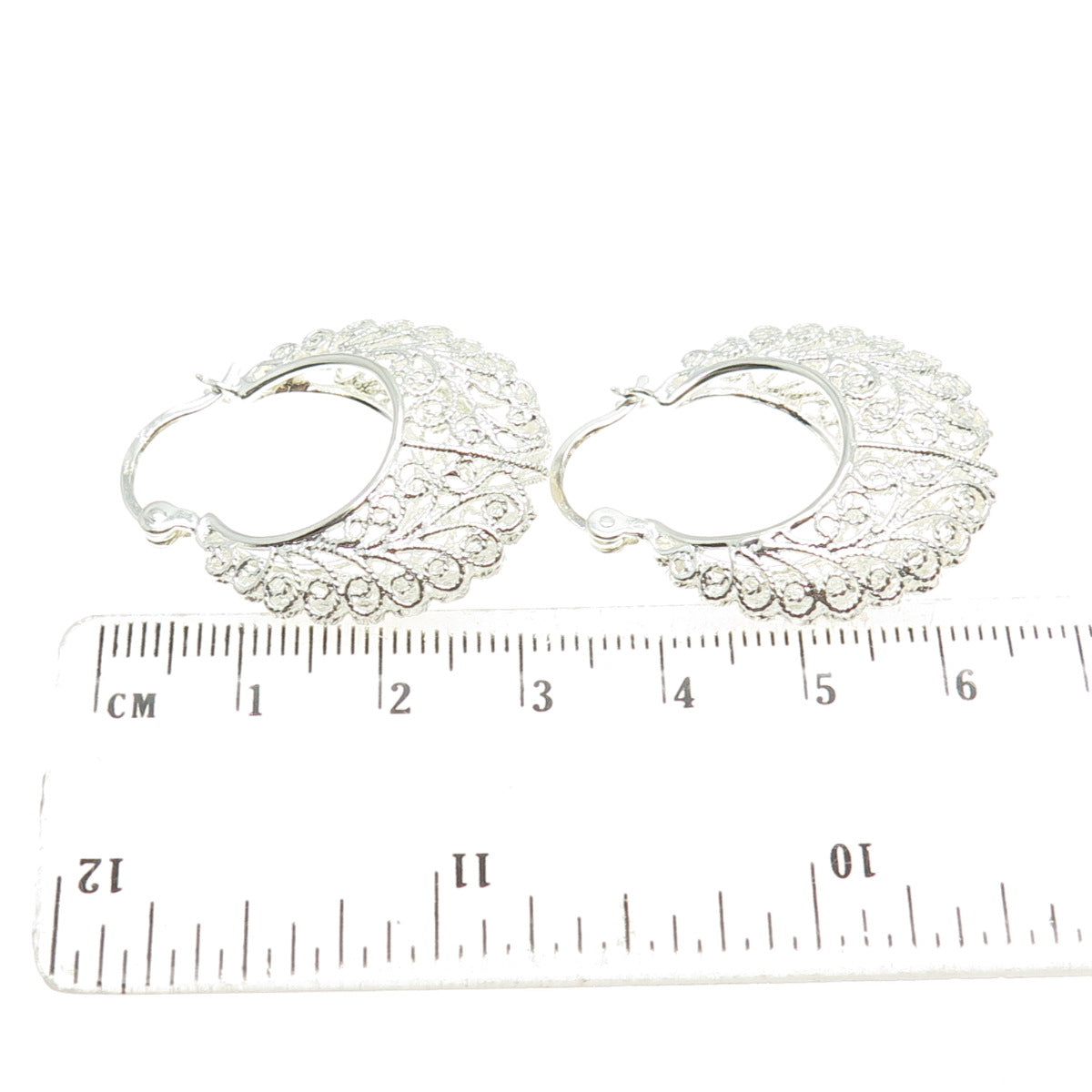 925 Sterling Silver Vintage Ornate Filigree Hoop Earrings