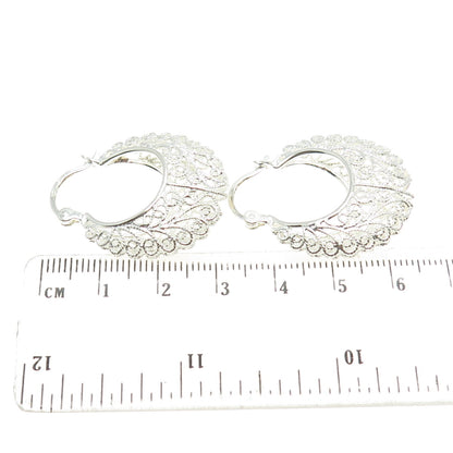 925 Sterling Silver Vintage Ornate Filigree Hoop Earrings