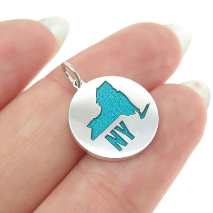 925 Sterling Silver Turquoise Enamel New York State Map Minimalist Charm Pendant