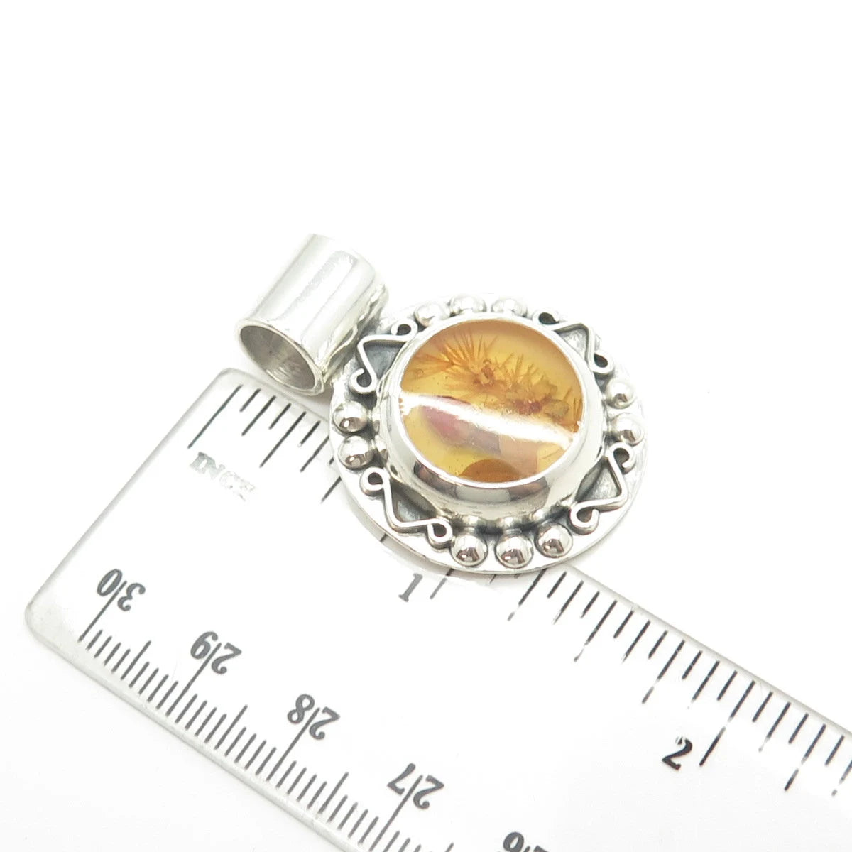 925 Sterling Silver Vintage Mexico Enamel Pressed Flower Round Pendant