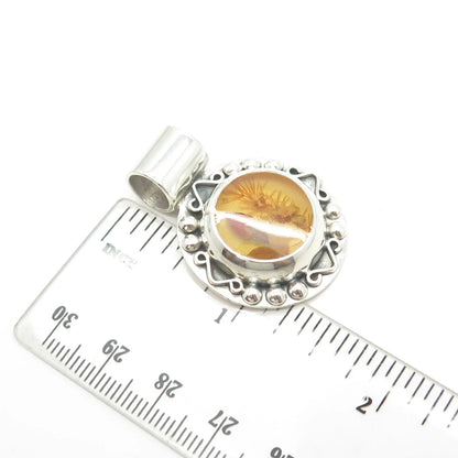 925 Sterling Silver Vintage Mexico Enamel Pressed Flower Round Pendant