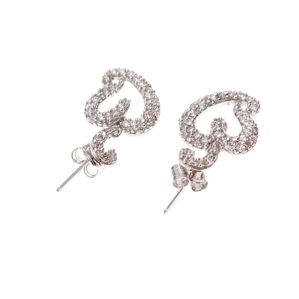 925 Sterling Silver Round-Cut C Z Heart Dangle Earrings