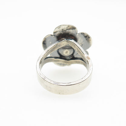 925 Sterling Silver Vintage Modernist Flower Oxidized Ring Size 8.5