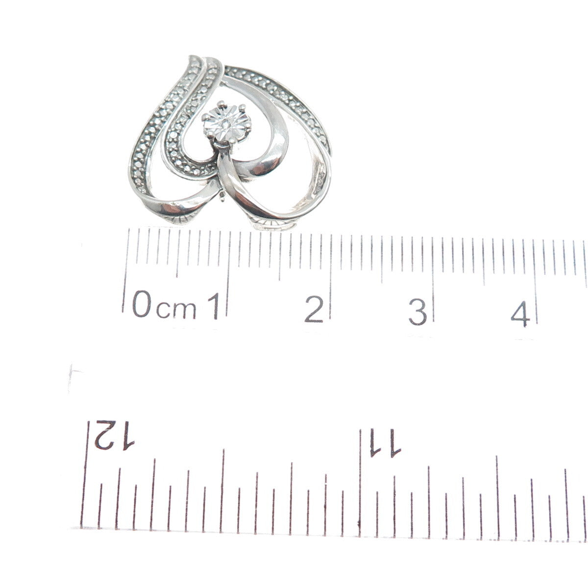 925 Sterling Silver Real White Diamond Open Double Heart Slide Pendant