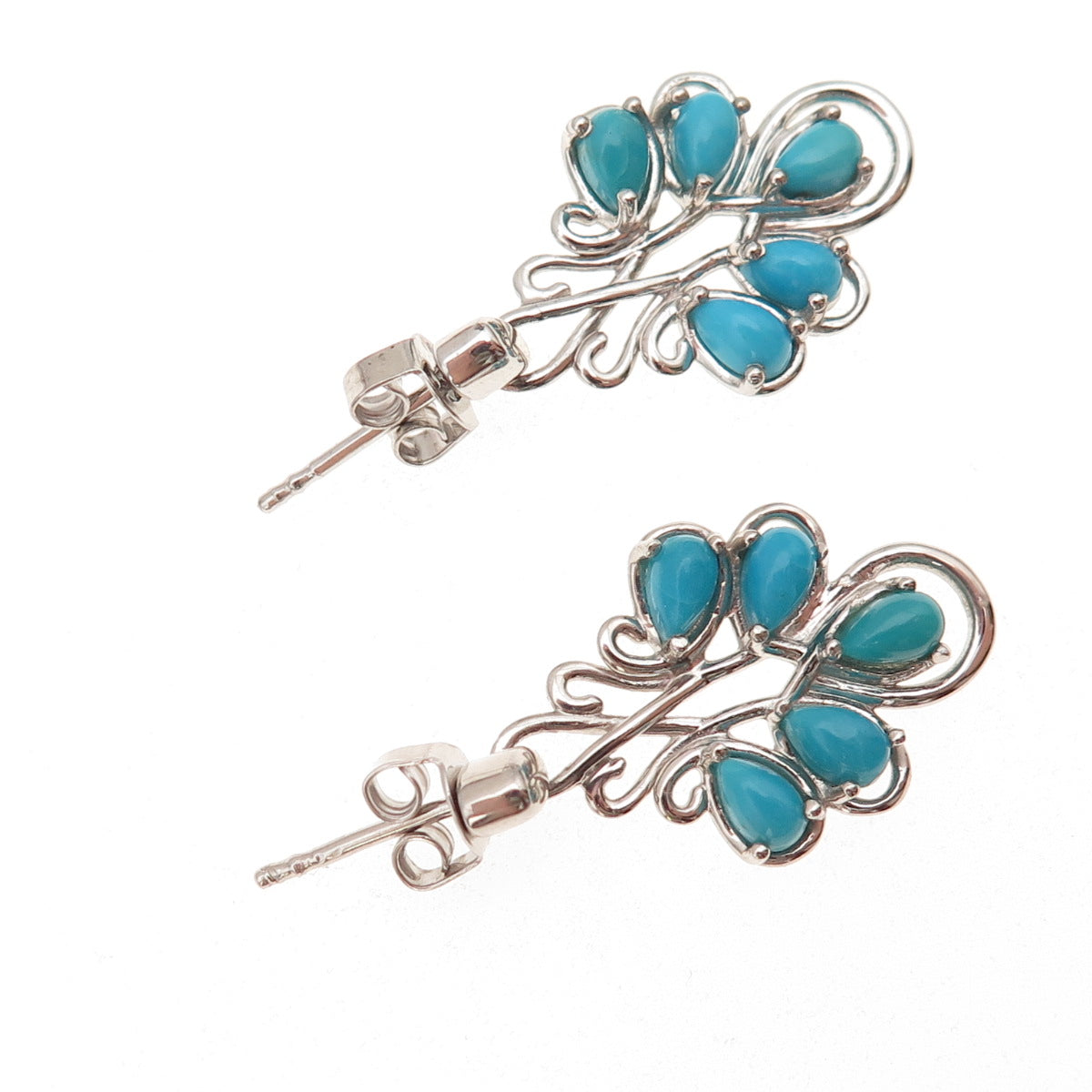 925 Sterling Silver Real Sleeping Beauty Turquoise Floral Dangle Earrings