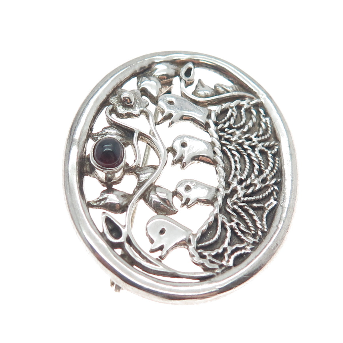 925 Sterling Silver Vintage Real Tourmaline Bird Nest Oxidized Pin Brooch