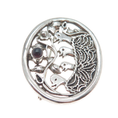 925 Sterling Silver Vintage Real Tourmaline Bird Nest Oxidized Pin Brooch