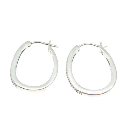 SUN 925 Sterling Silver Real Round-Cut Diamond Oval Hoop Earrings