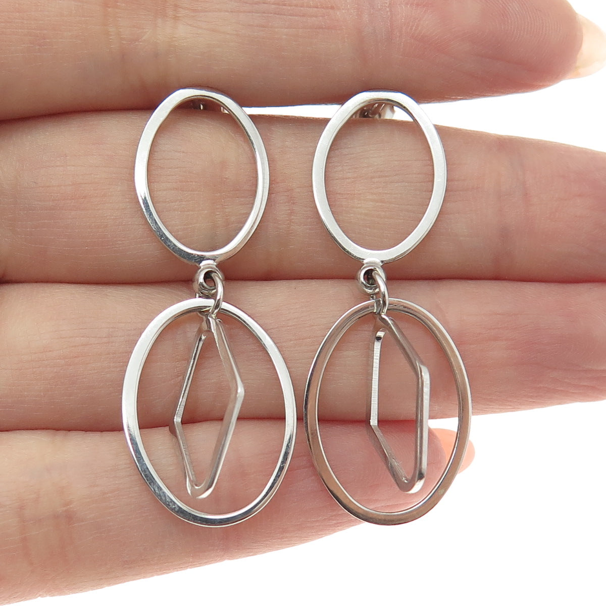 14K White Gold Italy Modernist Geometric Drop Earrings