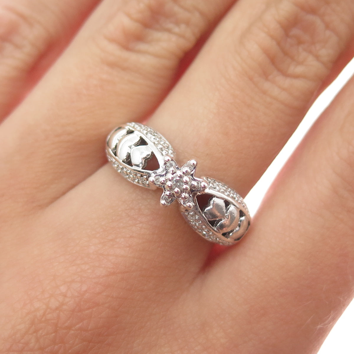 925 Sterling Silver Real Round-Cut Diamond Heart Promise Ring Size 7