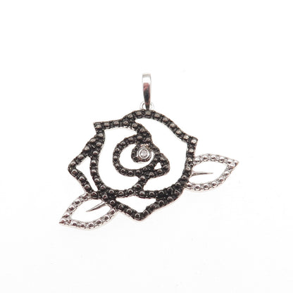 925 Sterling Silver Black Rhodium Real Diamond Accent Rose Floral Charm Pendant