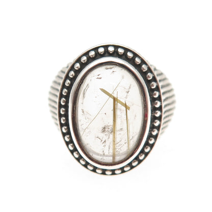 925 Sterling Vintage Real Rutilated Quartz Granulated Oxidized Ring Size 7