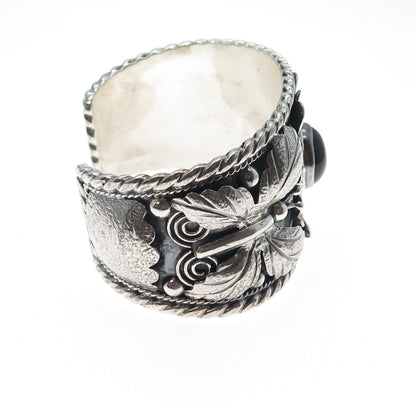925 Sterling Silver Vintage PTP Mexico Black Onyx Heavy 85.5g Flower Bracelet 7"