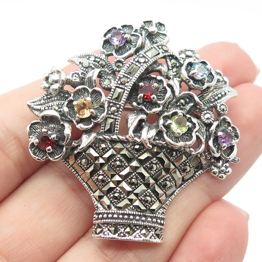 925 Sterling Silver Vintage Real Multi-Color Gem Basket w/ Flowers Pin Brooch