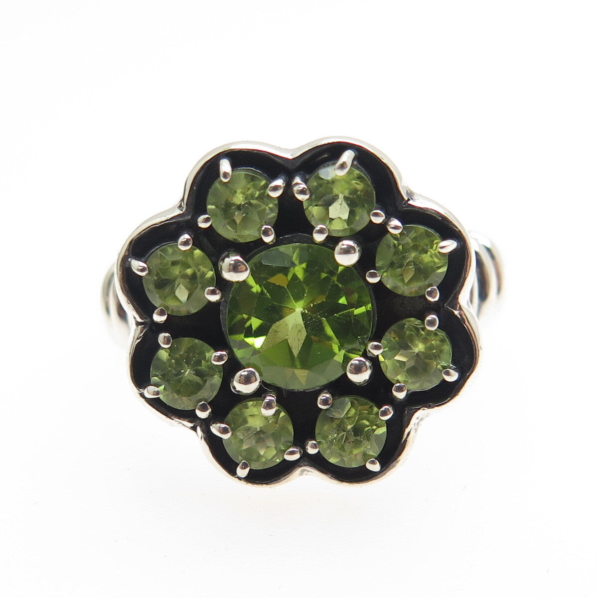 925 Sterling Silver Real Round-Cut Peridot Flower Ring Size 7.75