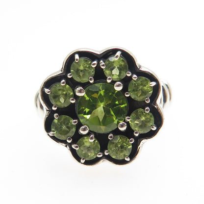 925 Sterling Silver Real Round-Cut Peridot Flower Ring Size 7.75